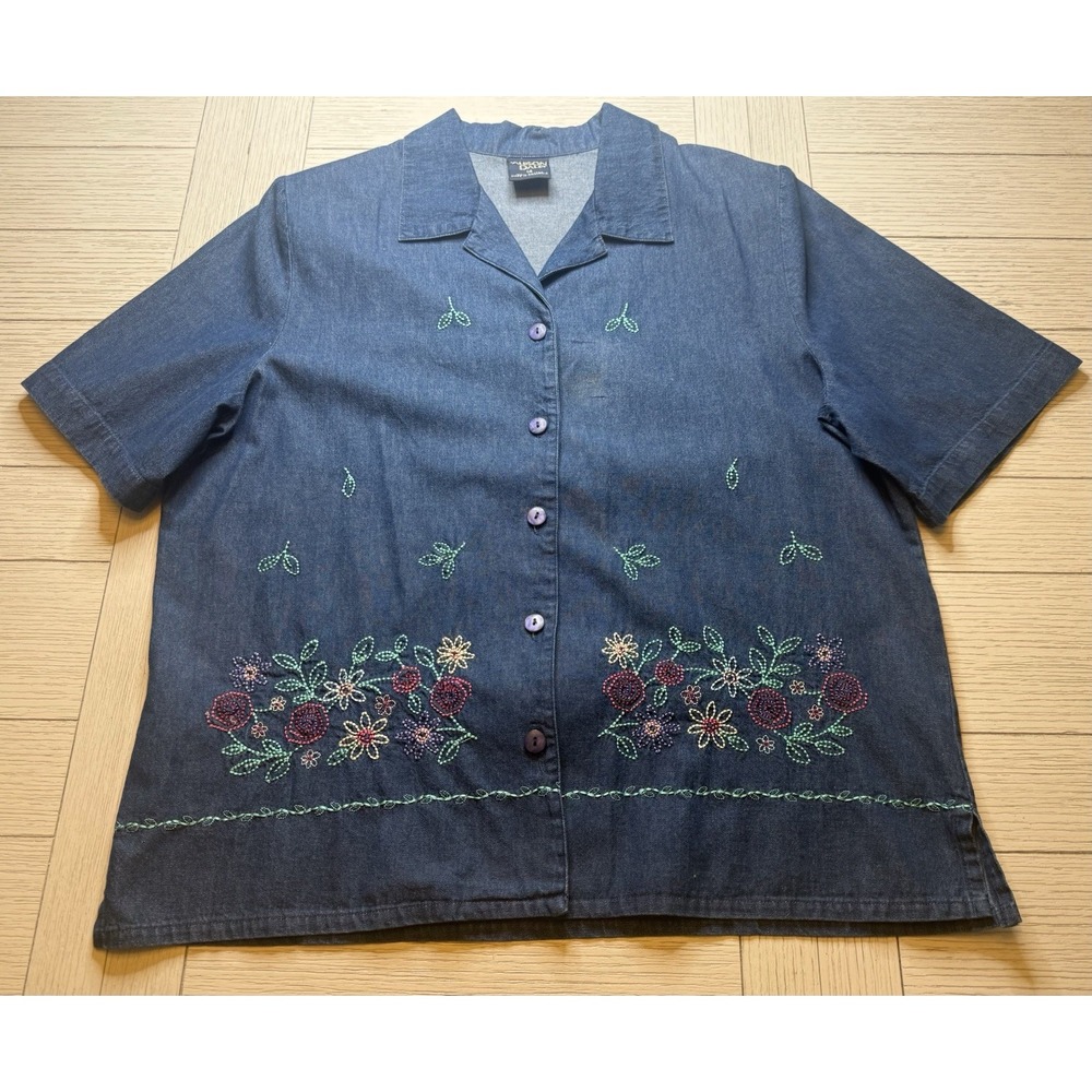 Allison Daley 80s Floral Embroidered Denim Short Sleeve Shirt Shoulder‎ Pads 14